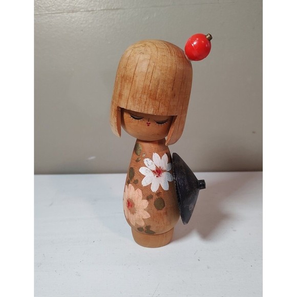 Other - Kokeshi Doll With Umbrella 5.5" tall Vintage Japanese turned wood